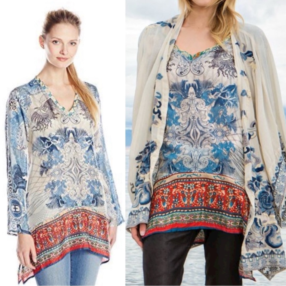 Johnny Was Bohemian Art to Wear Currency Print Silk Tunic Top Size Medium - Picture 3 of 17